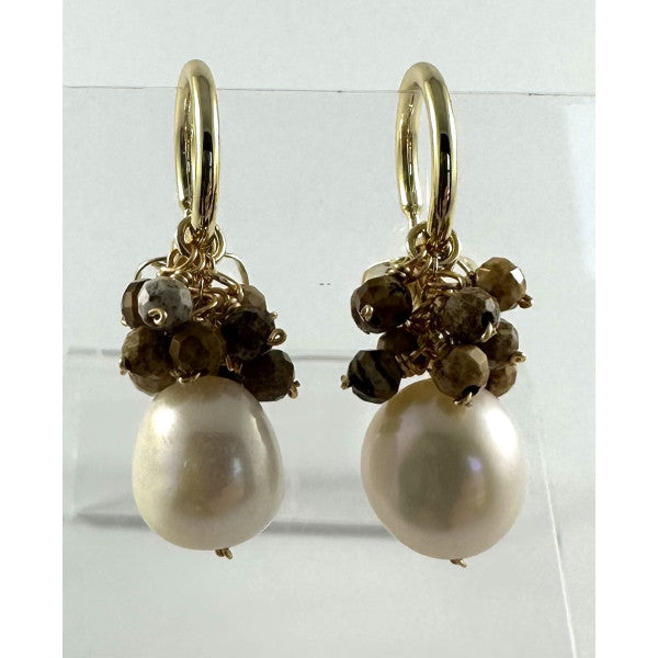 Earrings - Hoop Stud With Tiny Brown Stones & Pearl