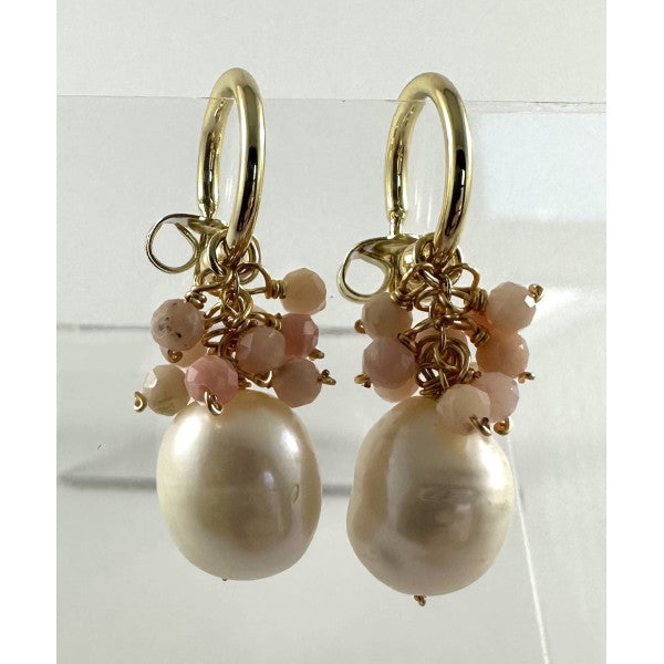 Earrings - Hoop Stud With Tiny Pink Stones & Pearl