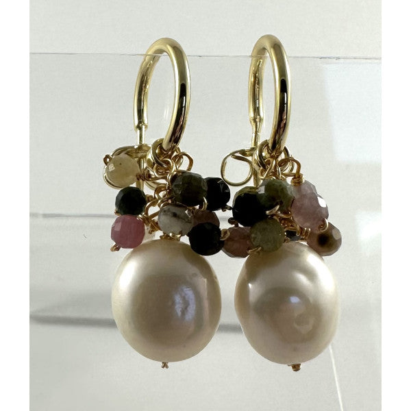 Earrings - Hoop Stud With Tiny Stones & Pearl