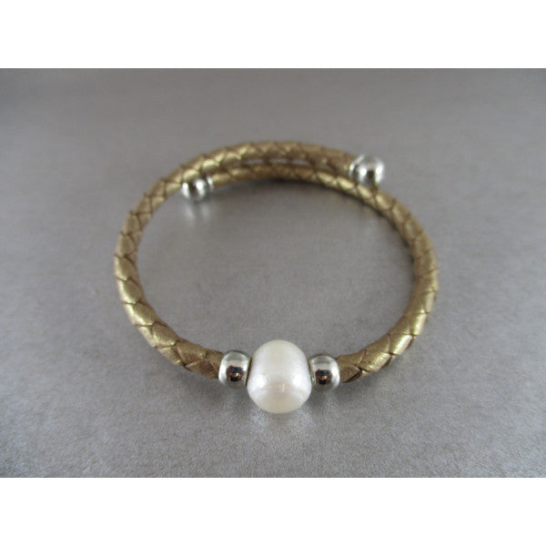 Plaited Leather & Pearl Bracelet - Gold