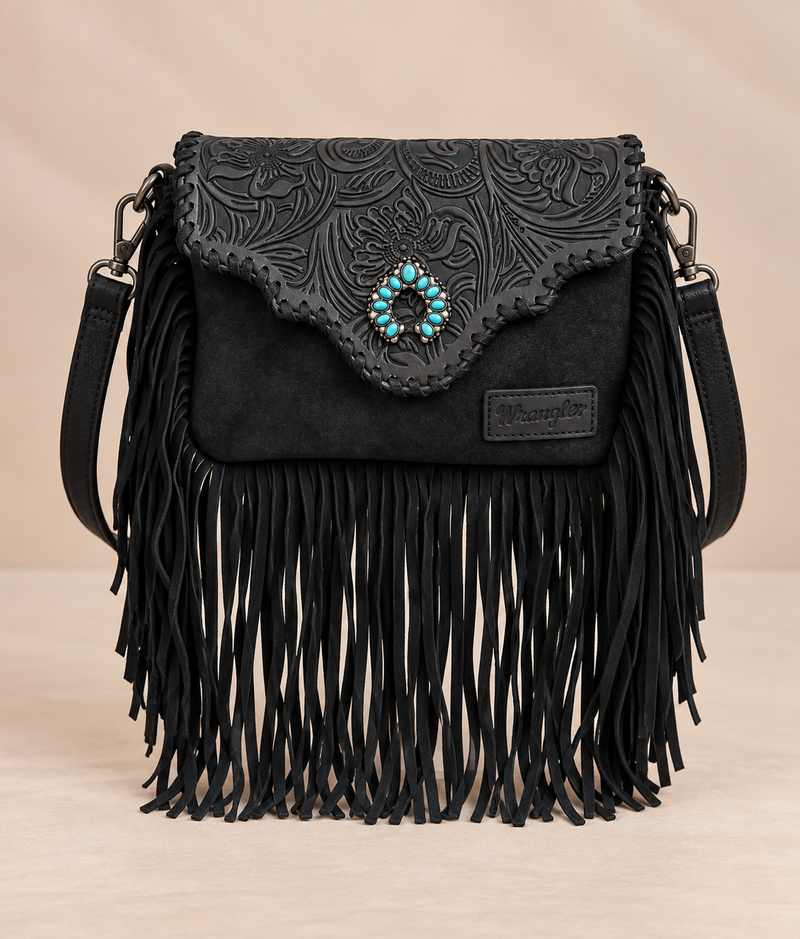 Wrangler Leather Tooled Flap Fringe Crossbody (WGS-540-1592BK) - Black
