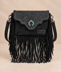 Wrangler Leather Tooled Flap Fringe Crossbody (WGS-540-1592BK) - Black