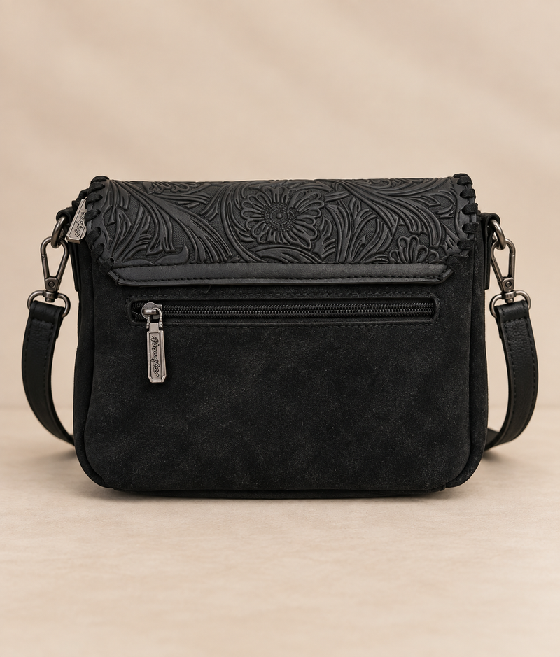 Wrangler Leather Tooled Flap Fringe Crossbody (WGS-540-1592BK) - Black