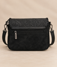 Wrangler Leather Tooled Flap Fringe Crossbody (WGS-540-1592BK) - Black