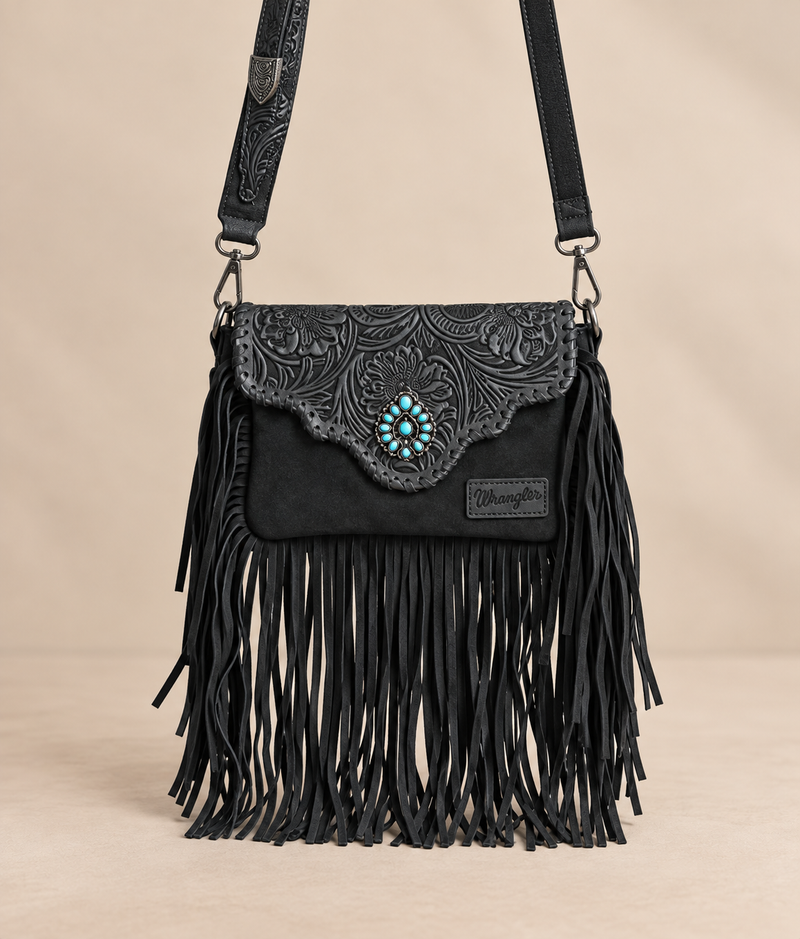 Wrangler Leather Tooled Flap Fringe Crossbody (WGS-540-1592BK) - Black