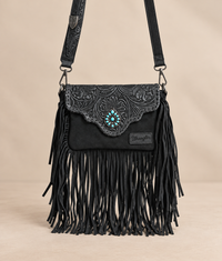 Wrangler Leather Tooled Flap Fringe Crossbody (WGS-540-1592BK) - Black