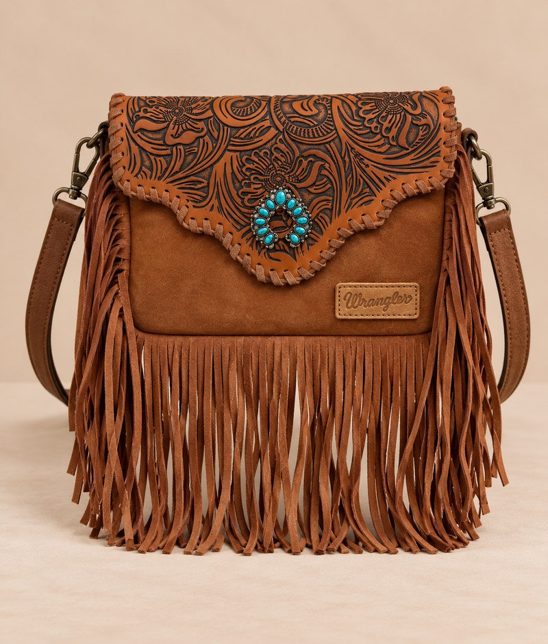 Wrangler Leather Tooled Flap Fringe Crossbody (WGS-540-1592BR) - Brown