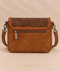 Wrangler Leather Tooled Flap Fringe Crossbody (WGS-540-1592BR) - Brown