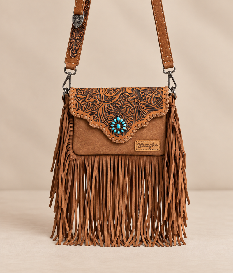 Wrangler Leather Tooled Flap Fringe Crossbody (WGS-540-1592BR) - Brown