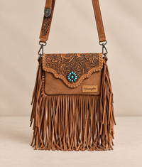 Wrangler Leather Tooled Flap Fringe Crossbody (WGS-540-1592BR) - Brown