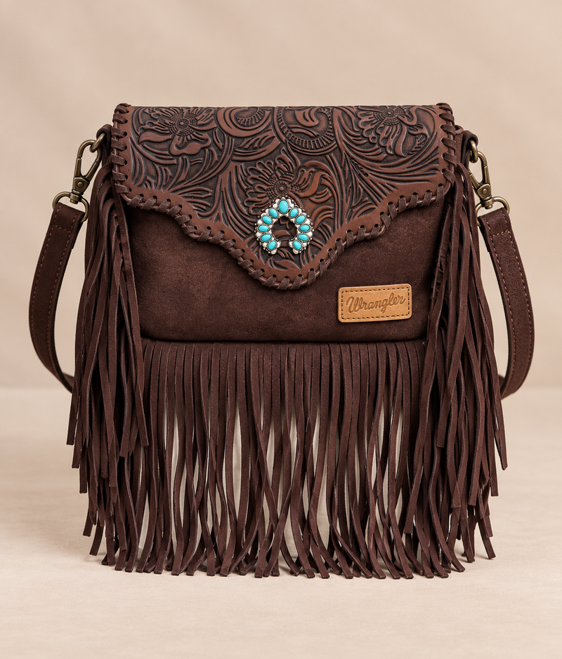 Wrangler Leather Tooled Flap Fringe Crossbody (WGS-540-1592CF) - Coffee