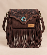 Wrangler Leather Tooled Flap Fringe Crossbody (WGS-540-1592CF) - Coffee