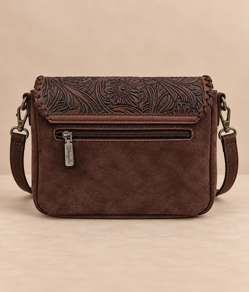Wrangler Leather Tooled Flap Fringe Crossbody (WGS-540-1592CF) - Coffee
