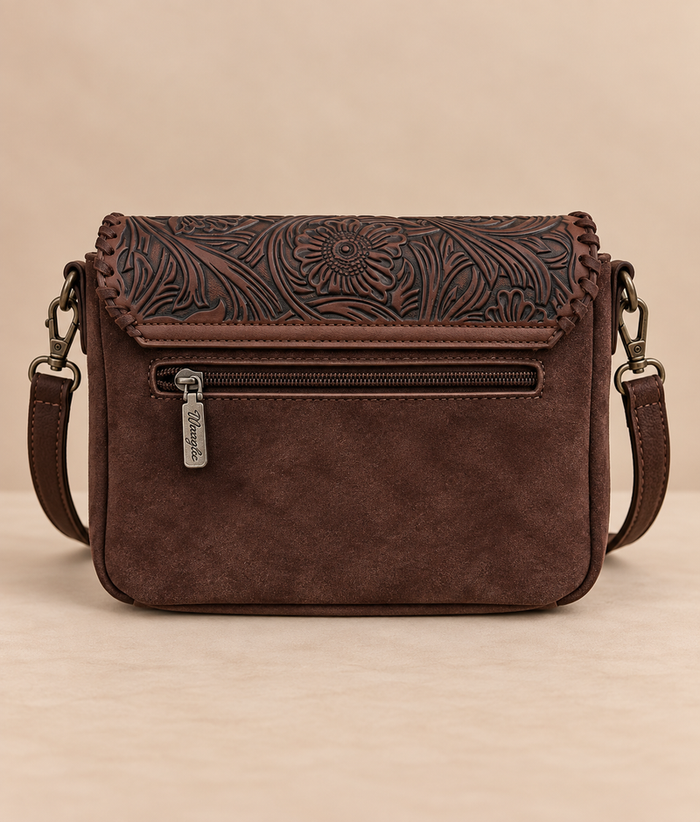 Wrangler Leather Tooled Flap Fringe Crossbody (WGS-540-1592CF) - Coffee
