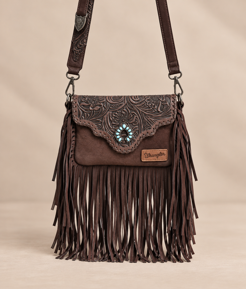 Wrangler Leather Tooled Flap Fringe Crossbody (WGS-540-1592CF) - Coffee