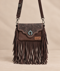 Wrangler Leather Tooled Flap Fringe Crossbody (WGS-540-1592CF) - Coffee