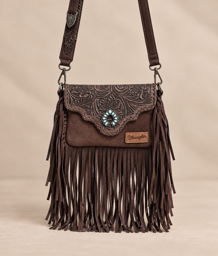 Wrangler Leather Tooled Flap Fringe Crossbody (WGS-540-1592CF) - Coffee