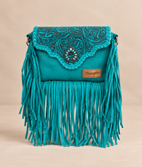 Wrangler Leather Tooled Flap Fringe Crossbody (WGS-540-1592TQ) - Turquoise
