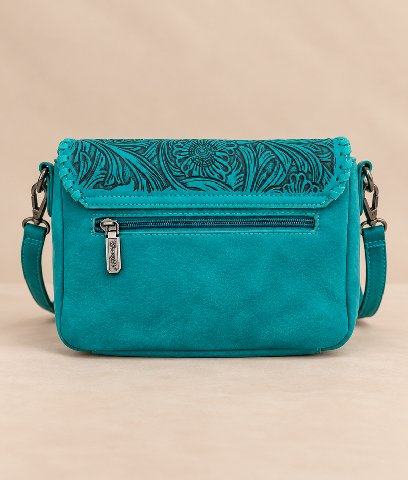 Wrangler Leather Tooled Flap Fringe Crossbody (WGS-540-1592TQ) - Turquoise