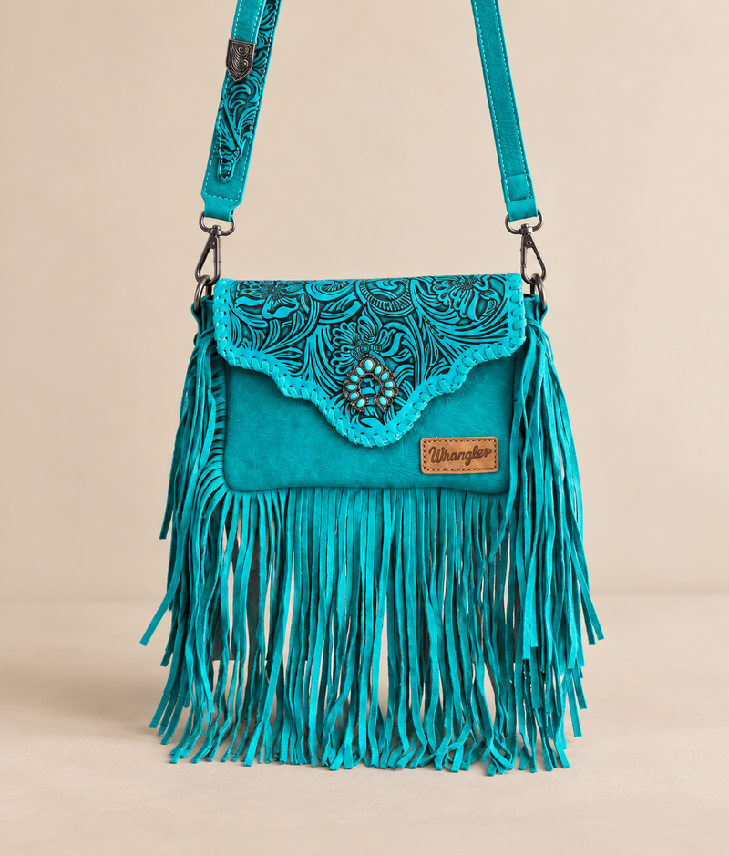 Wrangler Leather Tooled Flap Fringe Crossbody (WGS-540-1592TQ) - Turquoise