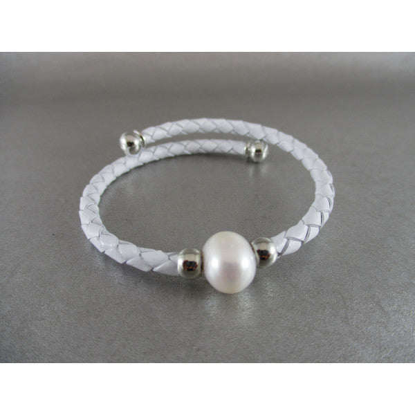 Plaited Leather & Pearl Bracelet - White