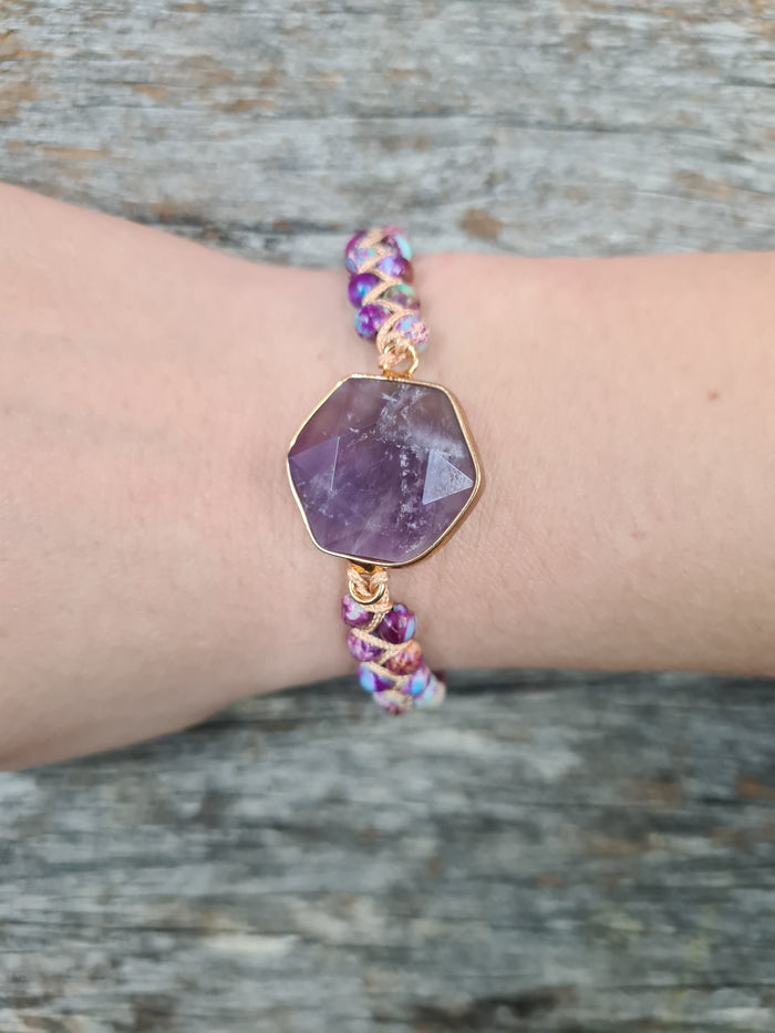 Adjustable Braided Bracelet - Turquoise, Purple and Amethyst