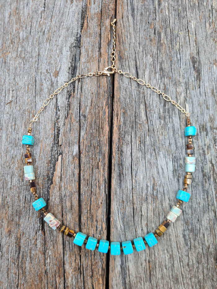 Turquoise, Tigers Eye & Gold - Fine Stone Necklace