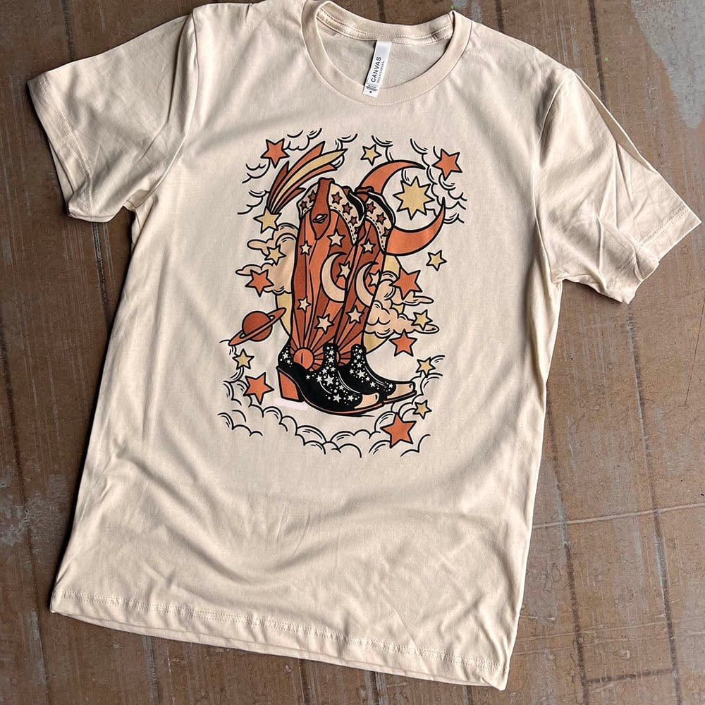Cosmic Boots With Stars - White Tee