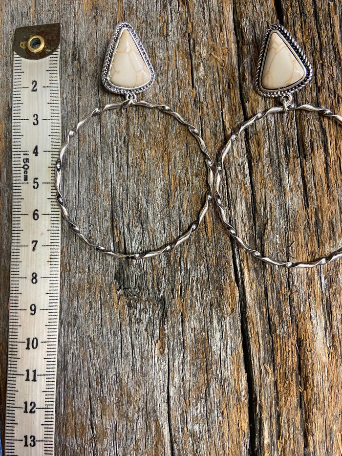 Western Earrings - Antique Silver and White Stone Hoop