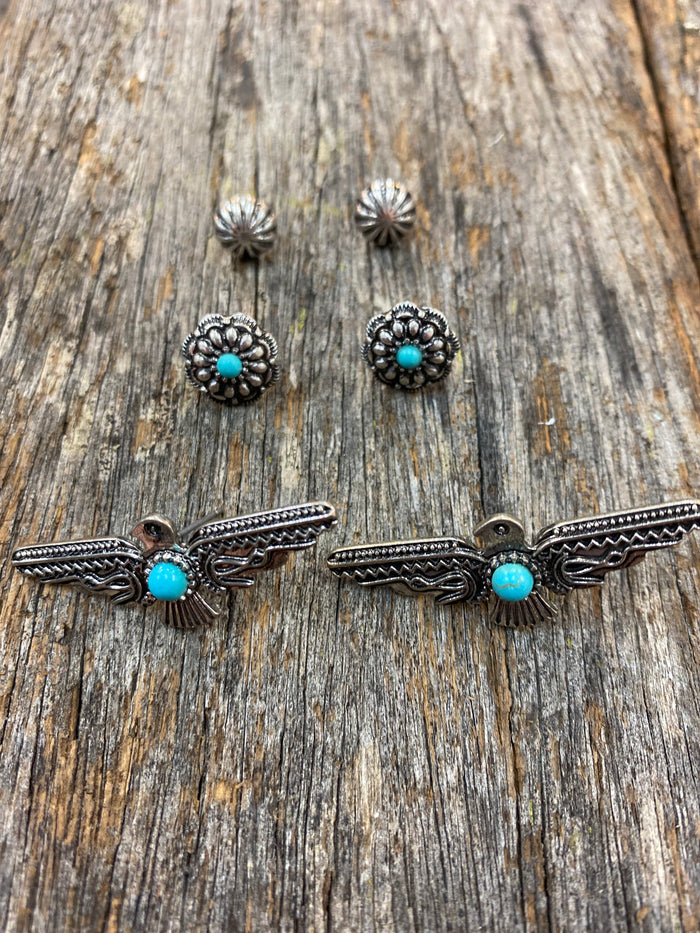 Earring Trio - Antique Silver and Turquoise Eagle