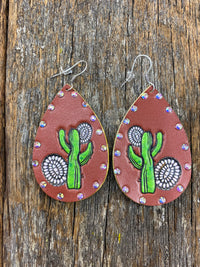 Western Earrings - Leather & Painted Cactus