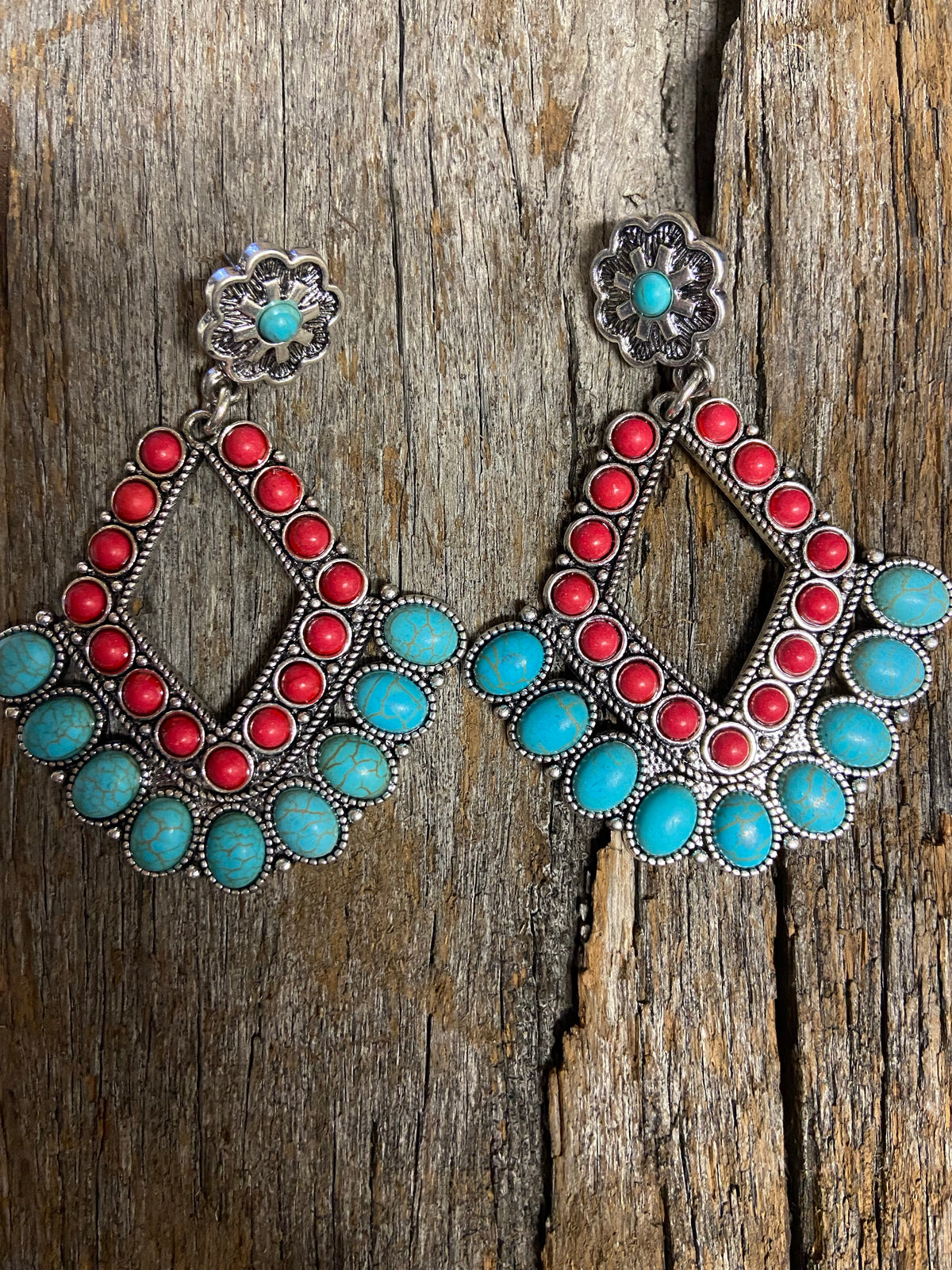 Western Earrings - Red and Turquoise Diamond Drop