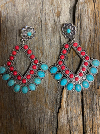 Western Earrings - Red and Turquoise Diamond Drop