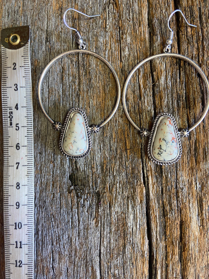 Western Earrings - Antique Silver and Natural Stone Hoop