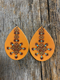 Western Earrings - Brown Turquoise and Leather Teardrop