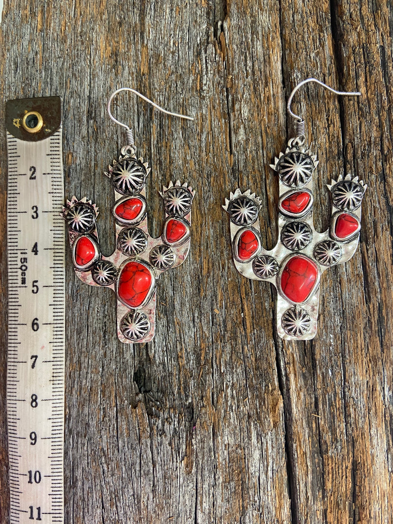Western Earrings - Antique Silver and Red Cactus