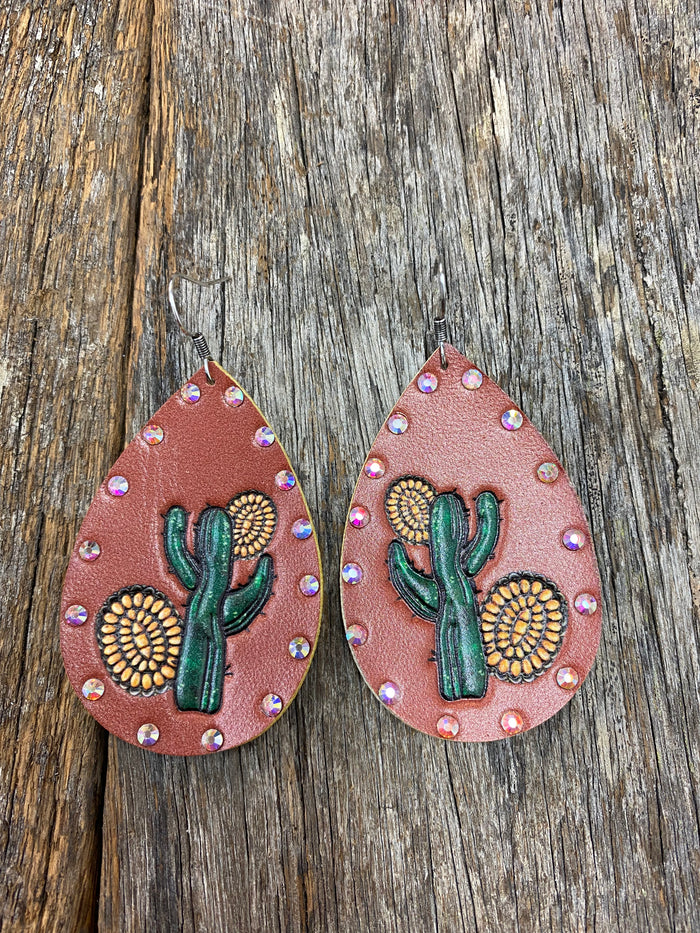 Western Earrings - Leather Yellow Flower & Painted Cactus