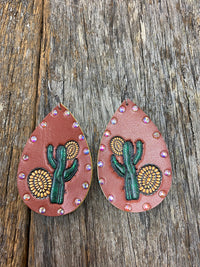 Western Earrings - Leather Yellow Flower & Painted Cactus