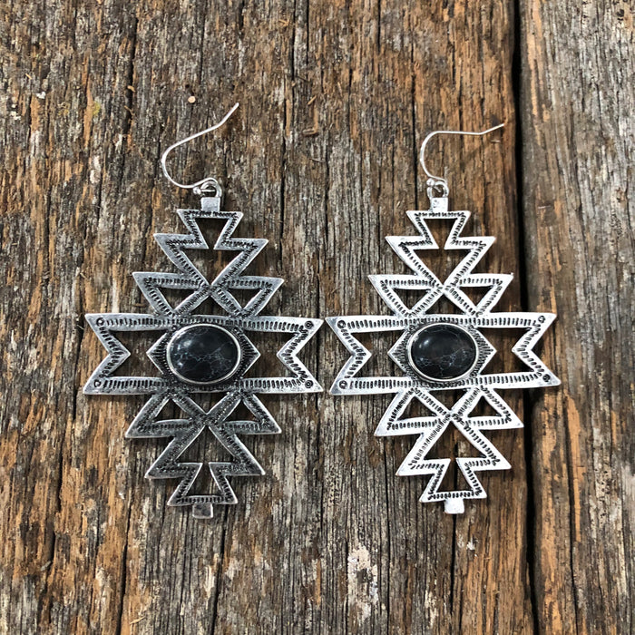 Western Earrings - Aztec With Stone Black