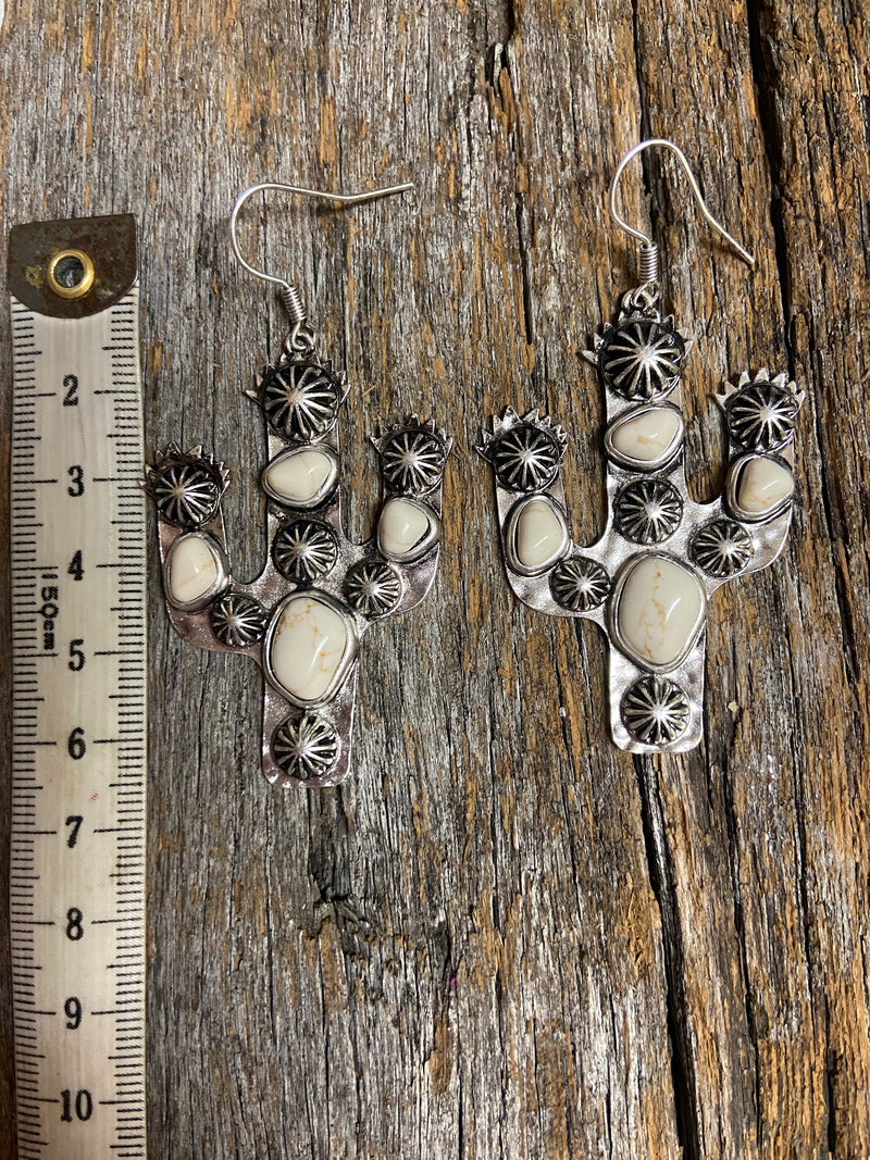 Western Earrings - Antique Silver and Natural Cactus