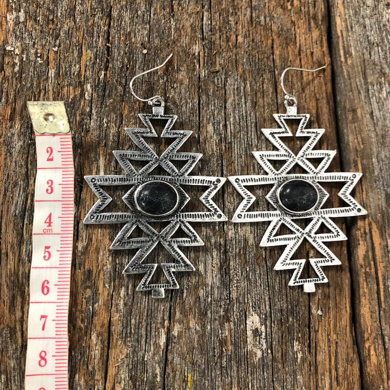 Western Earrings - Aztec With Stone Black