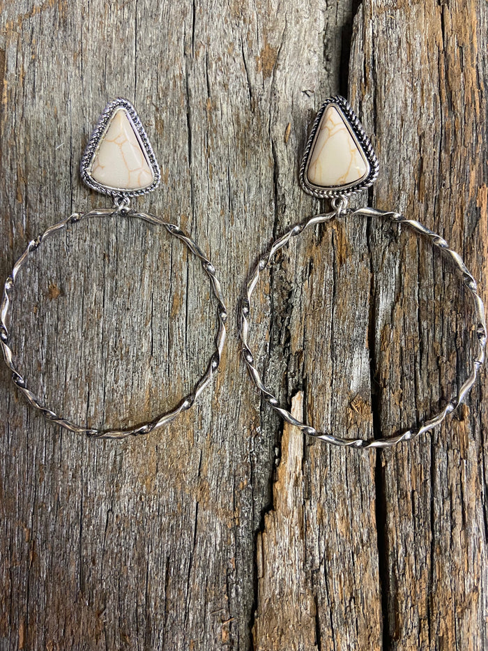 Western Earrings - Antique Silver and White Stone Hoop