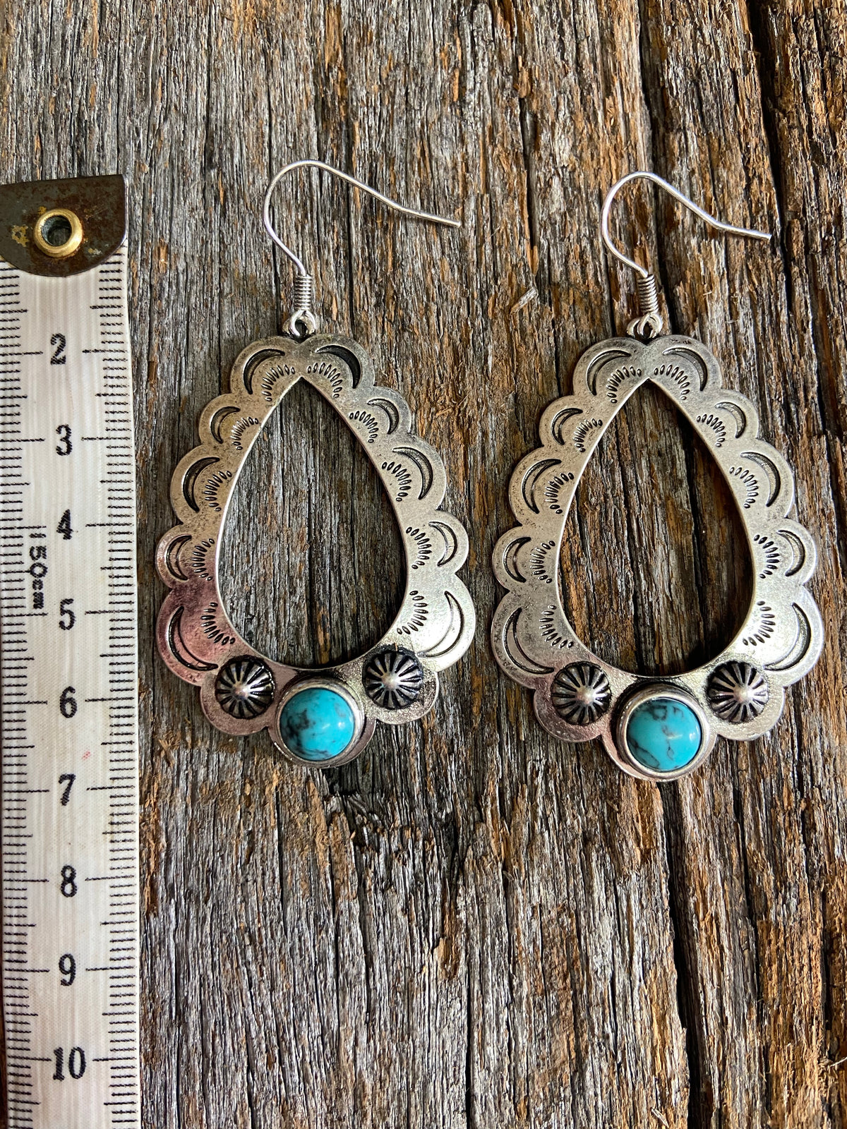 Western Earrings - Antique Silver and Turquoise Drop Hoop