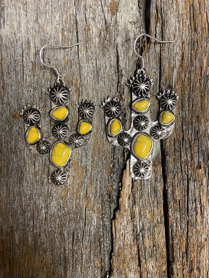 Western Earrings - Antique Silver and Mustard Cactus