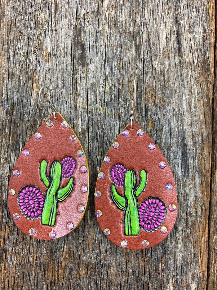 Western Earrings - Leather Teardrop Cactus Pink
