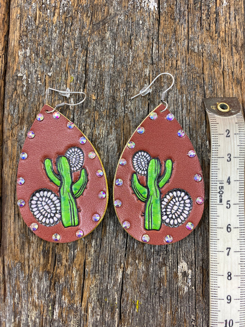 Western Earrings Leather Painted Cactus Katie B