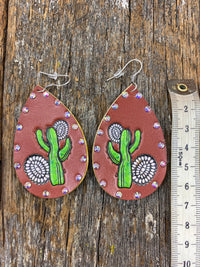 Western Earrings - Leather & Painted Cactus