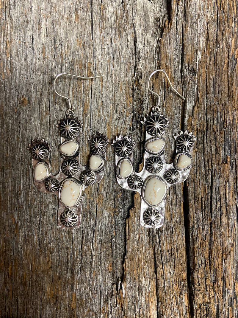 Western Earrings - Antique Silver and Natural Cactus