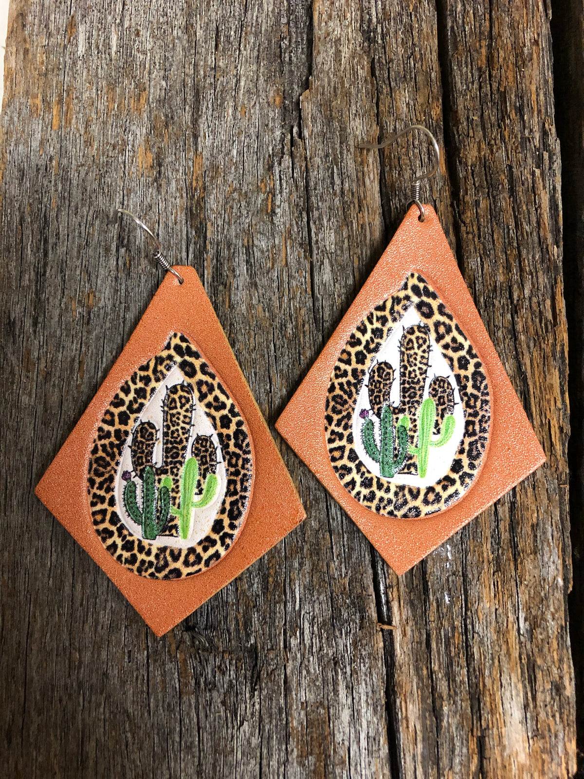 Western Earrings - Ivory Cactus and Leopard Print