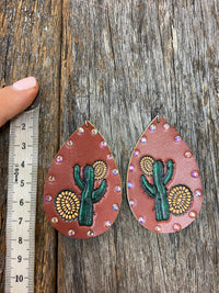 Western Earrings - Leather Yellow Flower & Painted Cactus